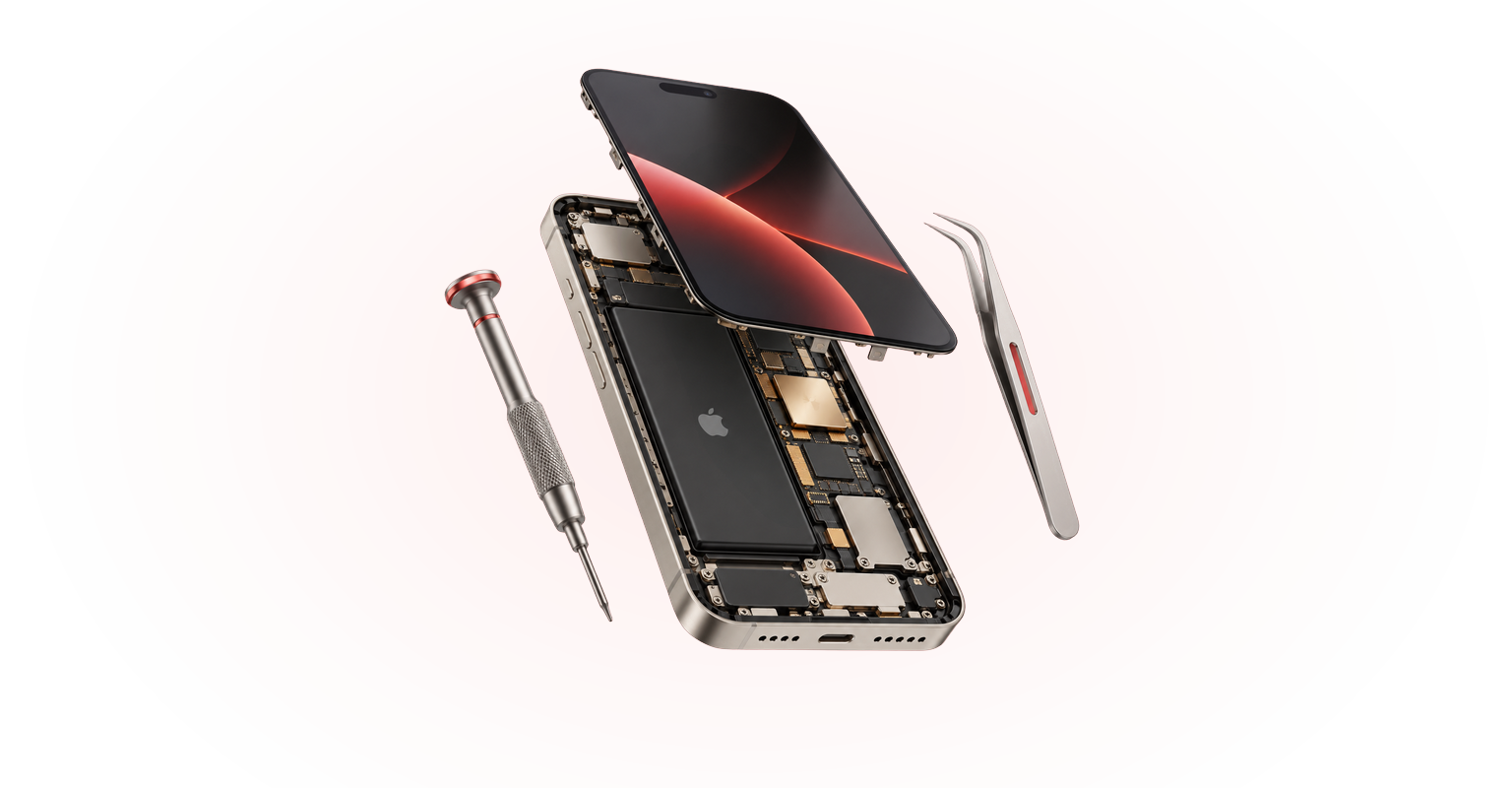 Disassembled iPhone on technician workbench