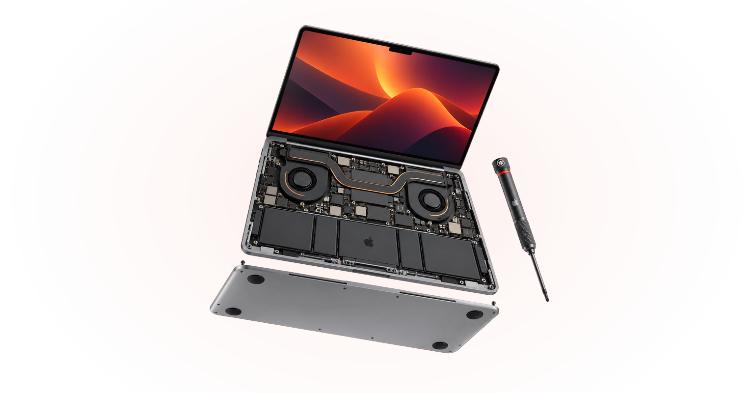 Open MacBook with bottom case removed showing logic board